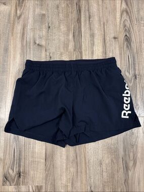 Reebok Black Athletic Shorts with White Logo Print